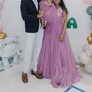 Light purple gown with embroidery on the top and shimmer in the bottom